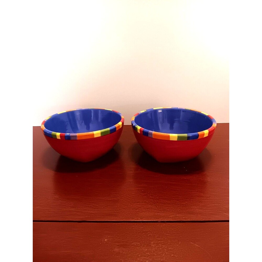 Dansk Handpainted Set of 2 Cereal Soup Bowls Red Blue Multicolor Striped Rim